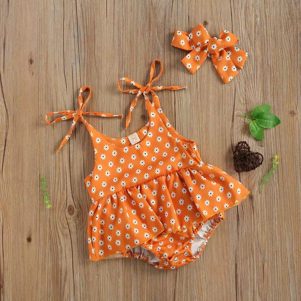 Orange tie Floral Romper