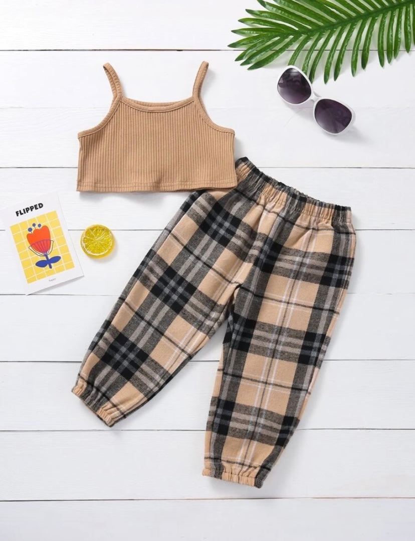 Rib Knit Crop and Plaid Jogger Set